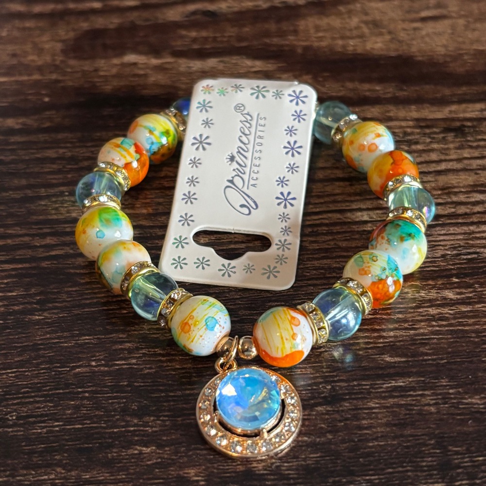 Beaded Stretch Bracelet Multi Color Splatter Rhinestone Blue‎ - Picture 5 of 5